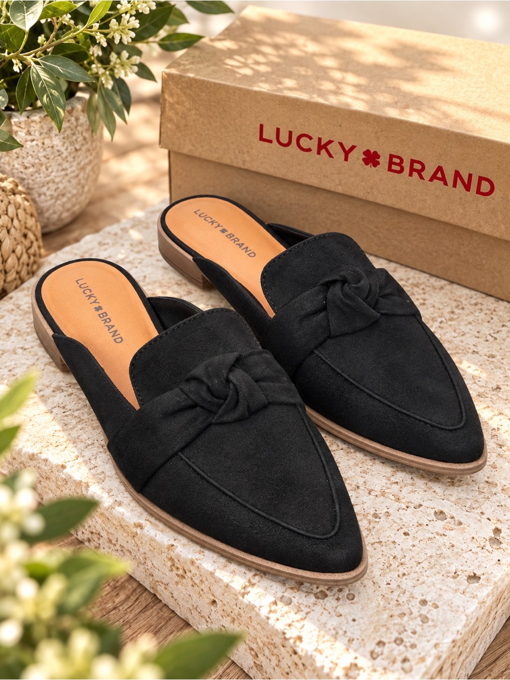 Lucky Brand Alusia Black Faux Suede Knotted Mule Loafers Size 7